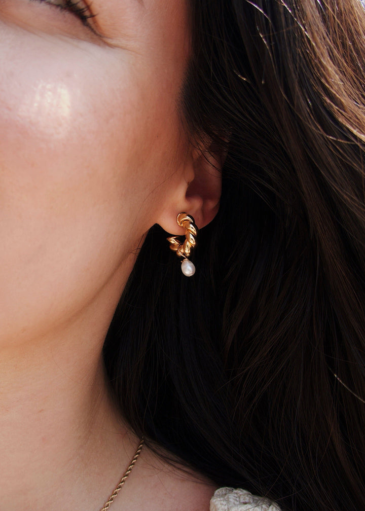 Lush patterned gold-filled earring with tear drop pearl
