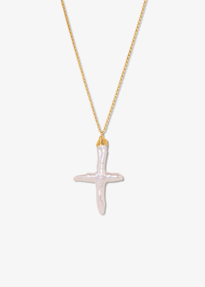 Gold-filled delicate necklace with a baroque cross pearl pendant