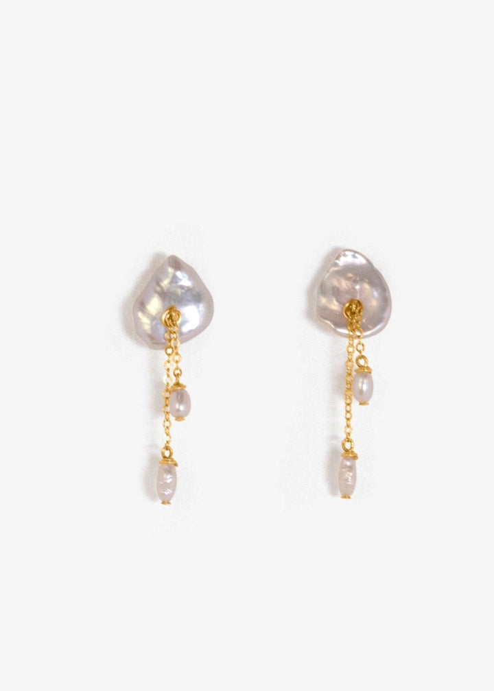 A keshi pearl earrings with gold-filled chains and dangling pearls