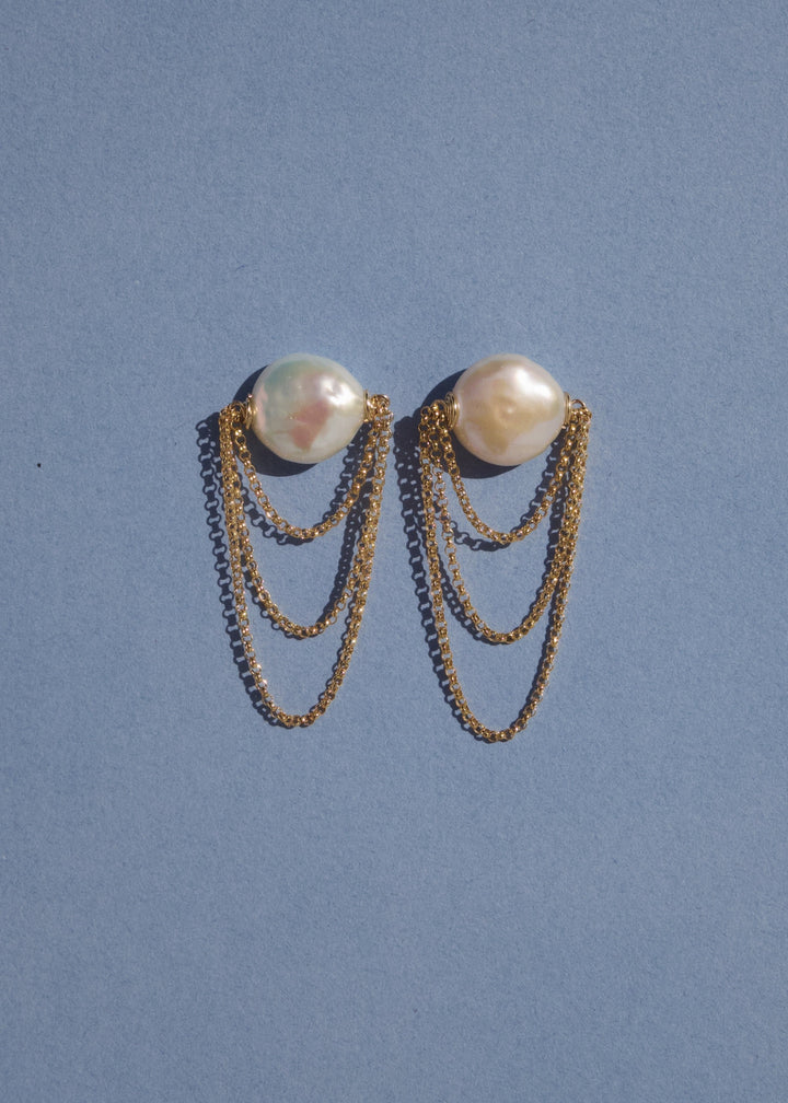14K Dominica Earrings - Simple yet dramatic these earrings are the perfect statement piece. 14K Solid Gold Tarnish-Resistant & Hypoallergenic AAA Grade Genuine Freshwater Pearls Handmade in NJ/NY Earring Length: 2" Please note - Freshwater Pearls & Gemsto