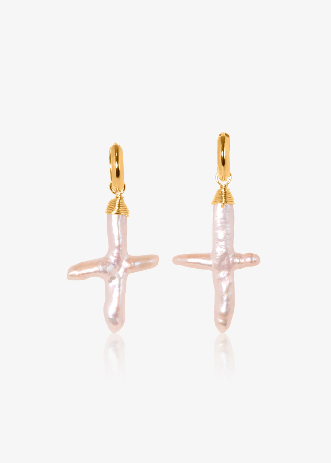 14K Gloria Earrings - Made with baroque pearl crosses, our Gloria Earrings are a unique and elegant look. These earrings will remain a beloved accessory for years to come. 14K Solid Gold Tarnish-Resistant & Hypoallergenic AAA Grade Genuine Freshwater Pear