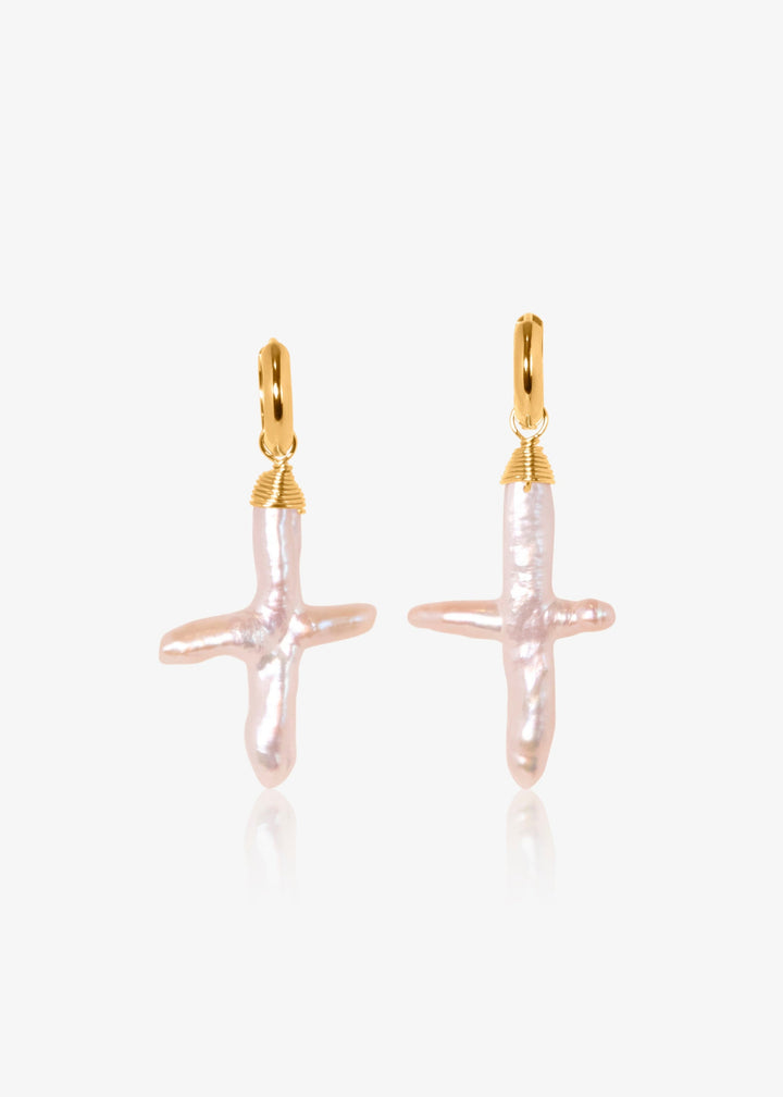 14K Gloria Earrings - Made with baroque pearl crosses, our Gloria Earrings are a unique and elegant look. These earrings will remain a beloved accessory for years to come. 14K Solid Gold Tarnish-Resistant & Hypoallergenic AAA Grade Genuine Freshwater Pear