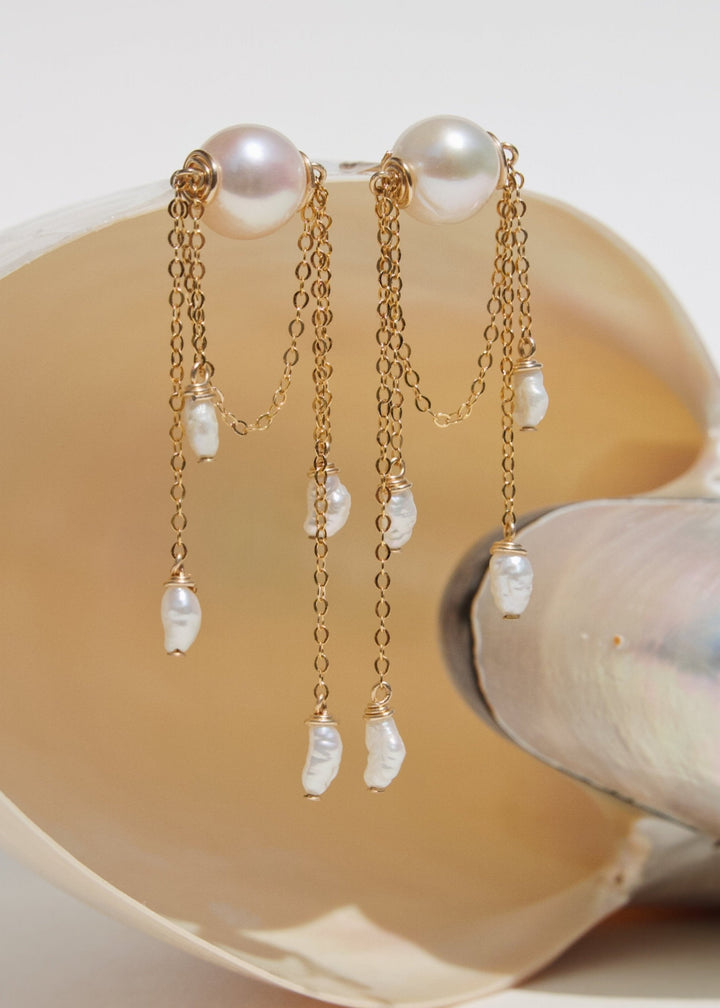 14K Luna Earrings - These earrings are unique, just like the pearls used to make them. They are sure to become future heirlooms. 14K Solid Gold Tarnish-Resistant & Hypoallergenic AAA Grade Genuine Freshwater Pearls Handmade in NJ/NY Earring Length: 2" Ple