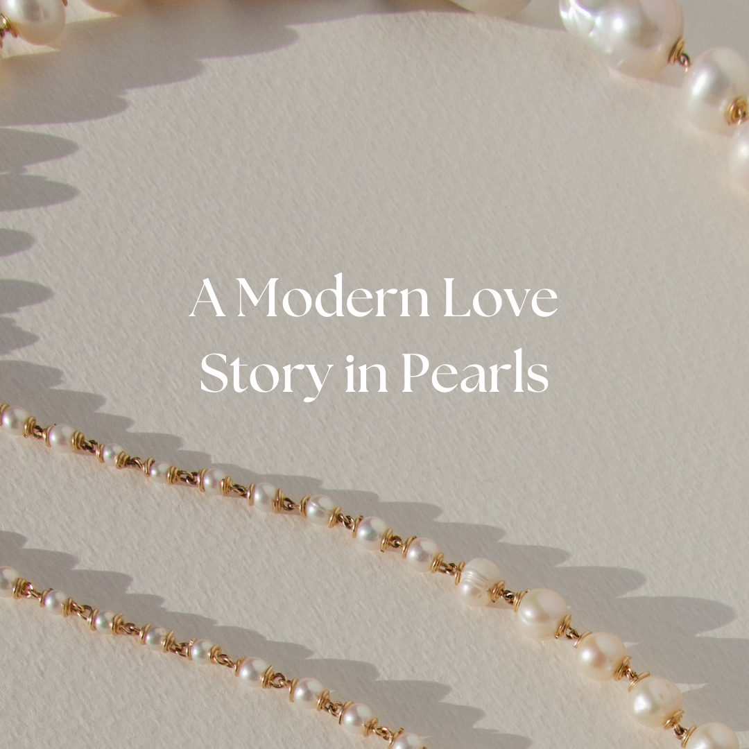 Pearl necklace on a light background with text 'A Modern Love Story in Pearls'.