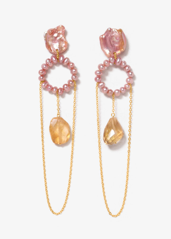 Gold-Filled earrings featuring pink bead circles & citrine gemstone pearl