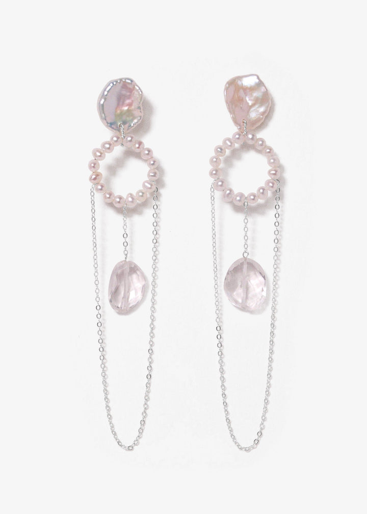 Sterling Silver earrings featuring white bead circles & crystal quartz pearl