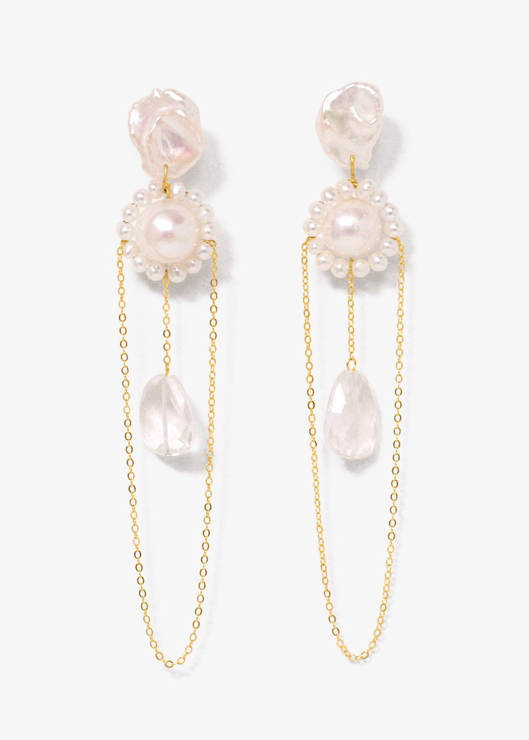 Gold chain earrings with pearls and crystal teardrop accents