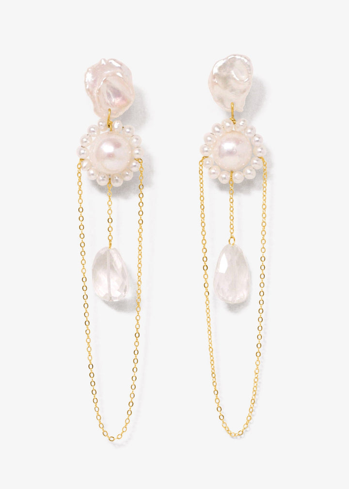 Gold chain earrings with pearls and crystal teardrop accents