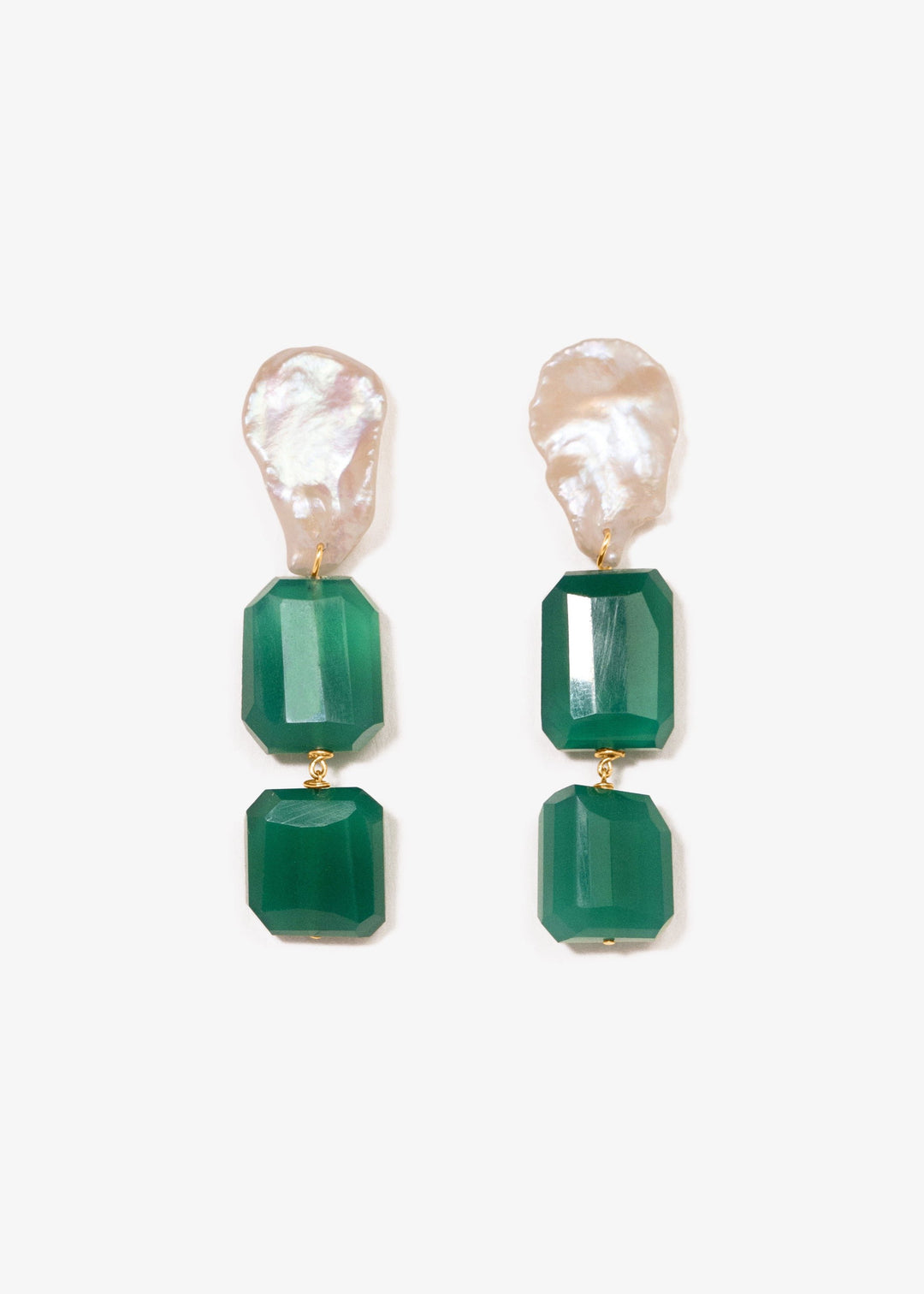 Gold-Filled drop earrings with pearl and green onyx