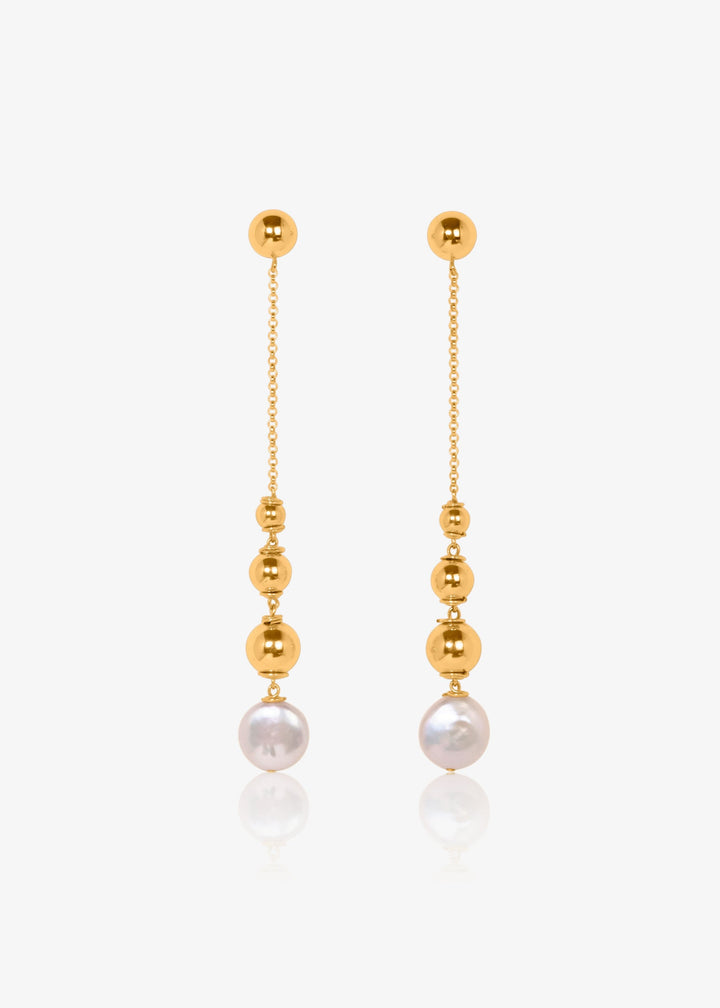 Gold-Filled earrings featuring shiny gold beads and a gemstone