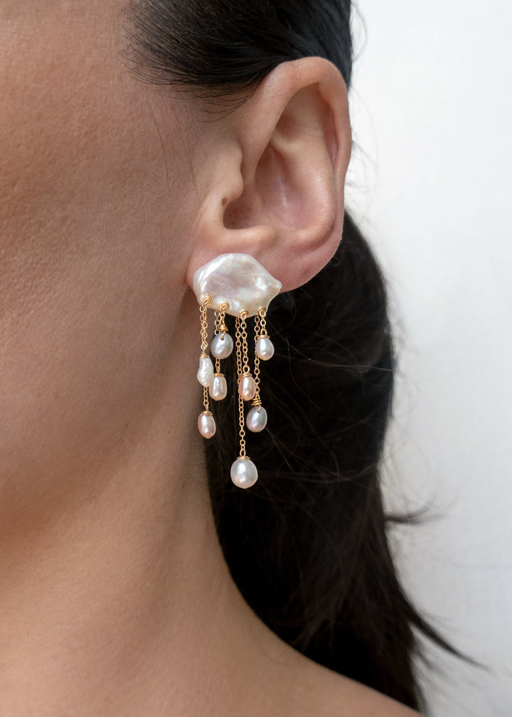 Celestine earrings worn on a model&
