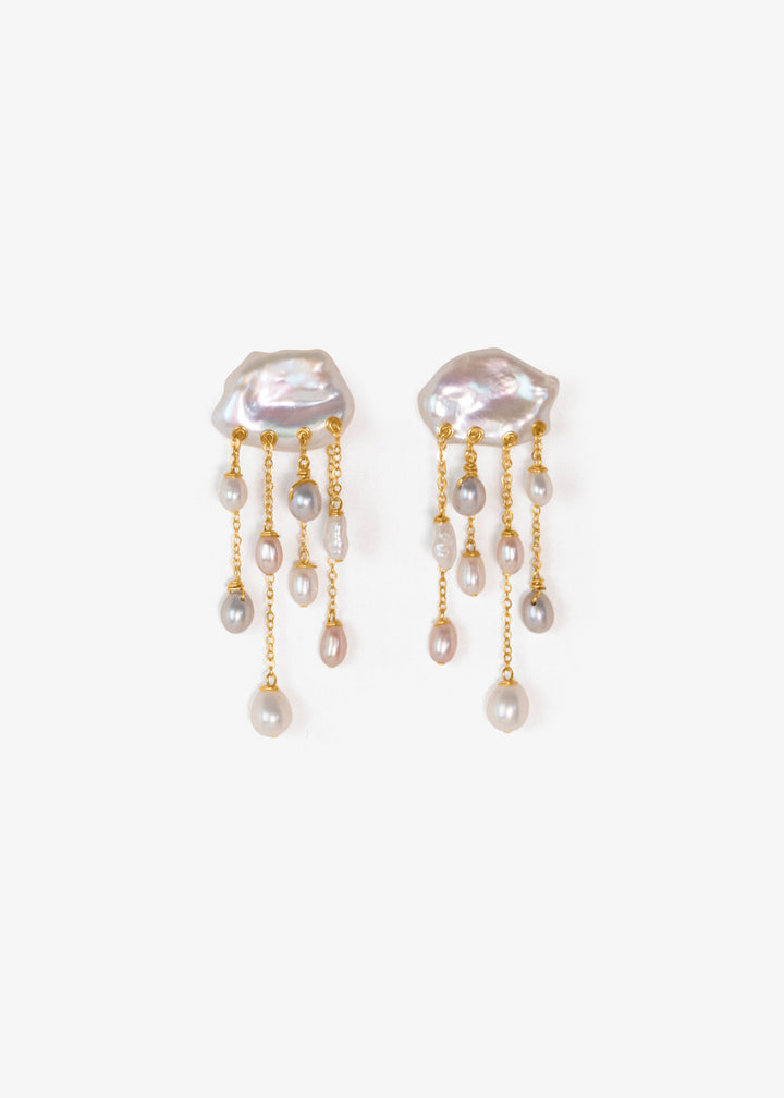 Celestine earrings, textured keshi pearls with staggered gold chains and luminous teardrop pearl drops