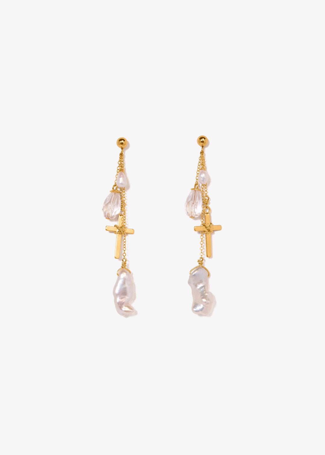 Charming earrings adorned with gold cross, glass beads, keshi and baroque pearls