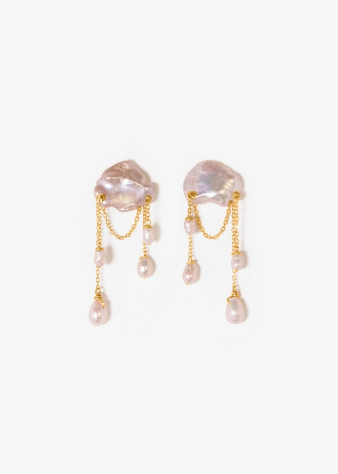 Solid gold earrings with a keshi pearl and dangling teardrop pearls