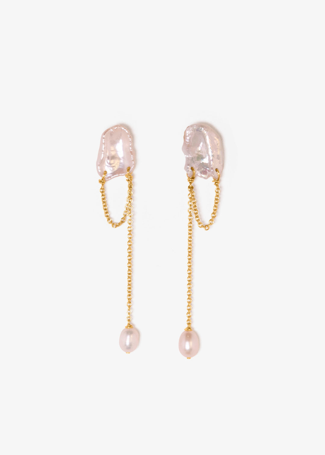 Solid gold earrings with a keshi pearl and a dangling teardrop pearl