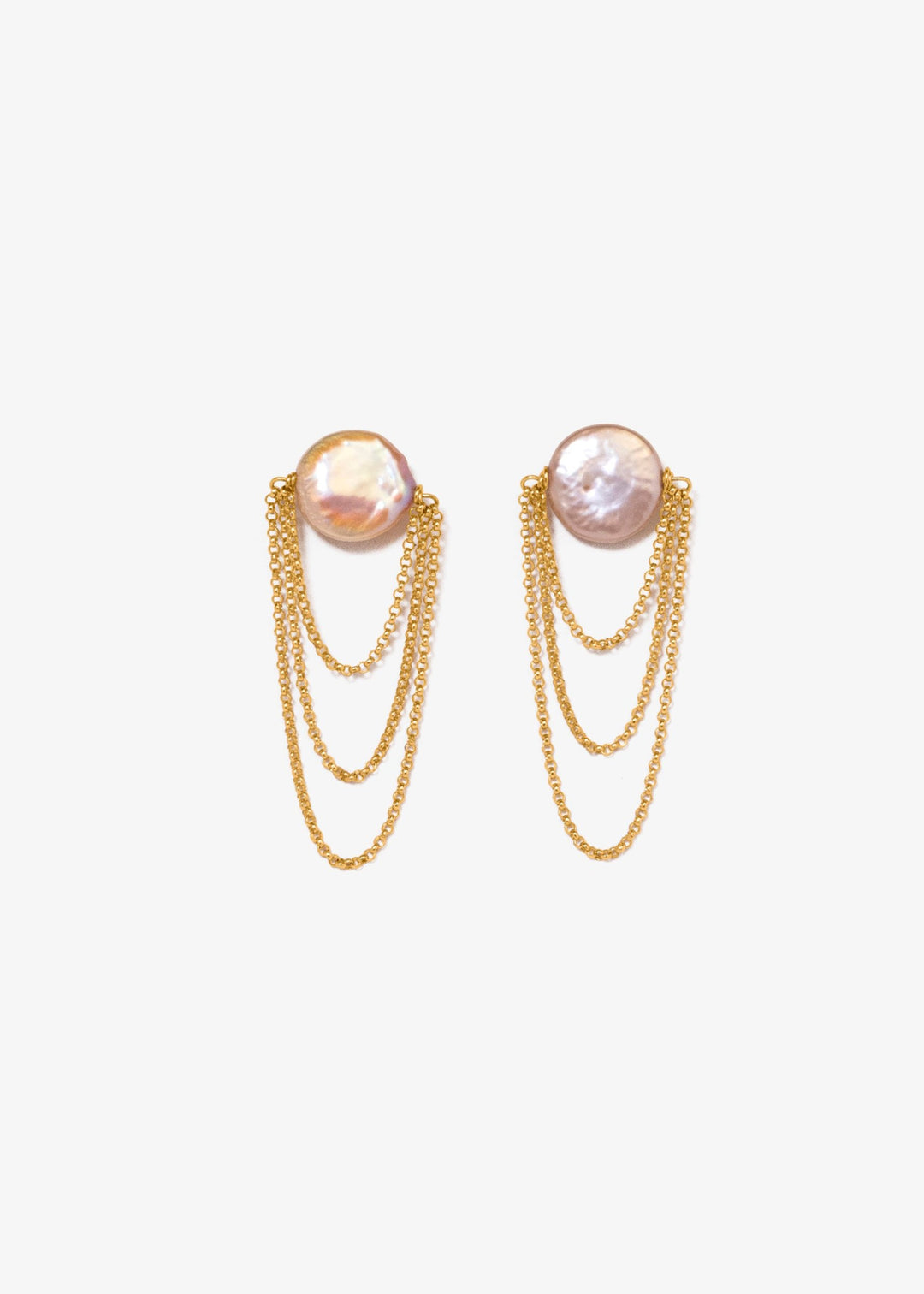 Three layered gold chain earrings with coin pearl