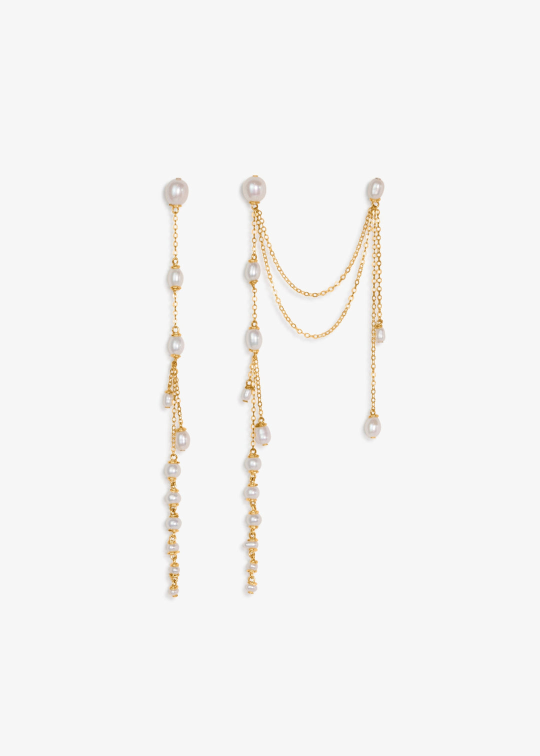 Gold chain earrings with pearl-like beads on a white background