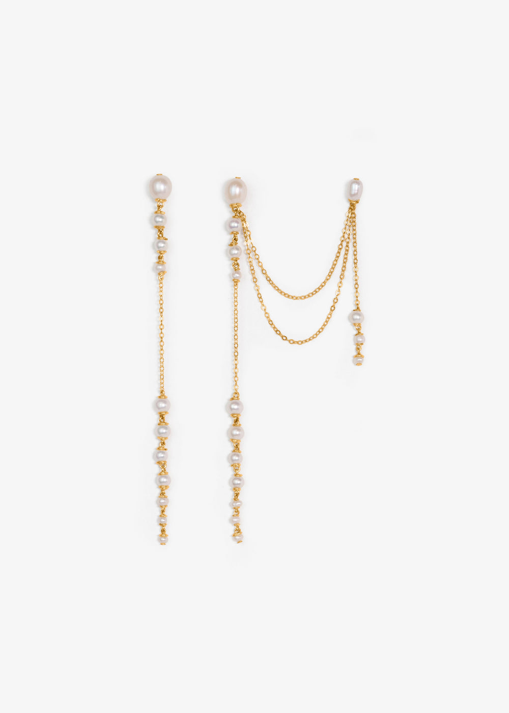 Dahlia - A gentle cascade of seed pearls creates a tapering effect that feels almost weightless. Designed to drape across two piercings the silhouette is delicate, but far from simple. Each pearl moves with quiet intention, catching the light like raindro