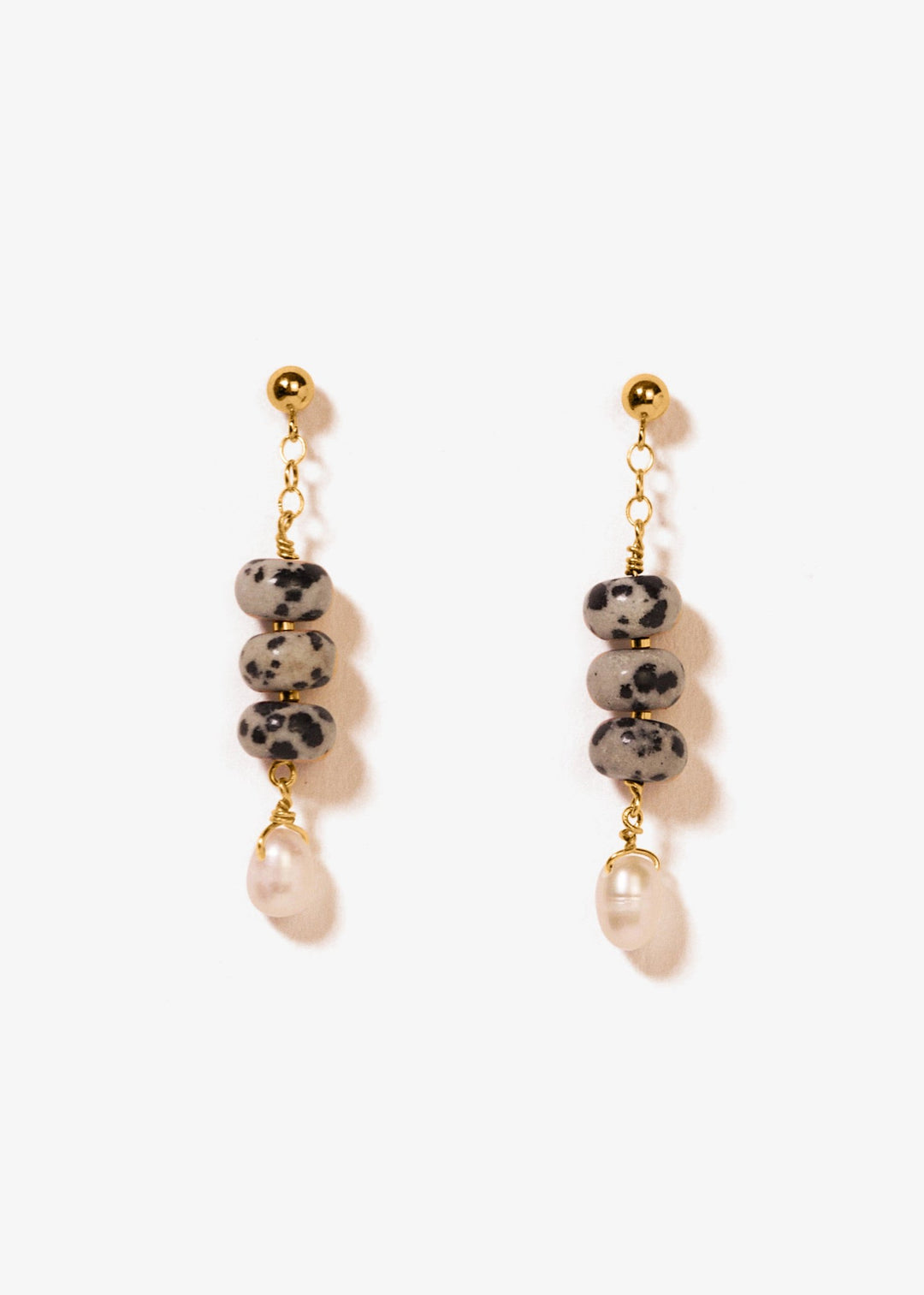 Gold-filled earrings with dalmatian jaspers and baroque pearl