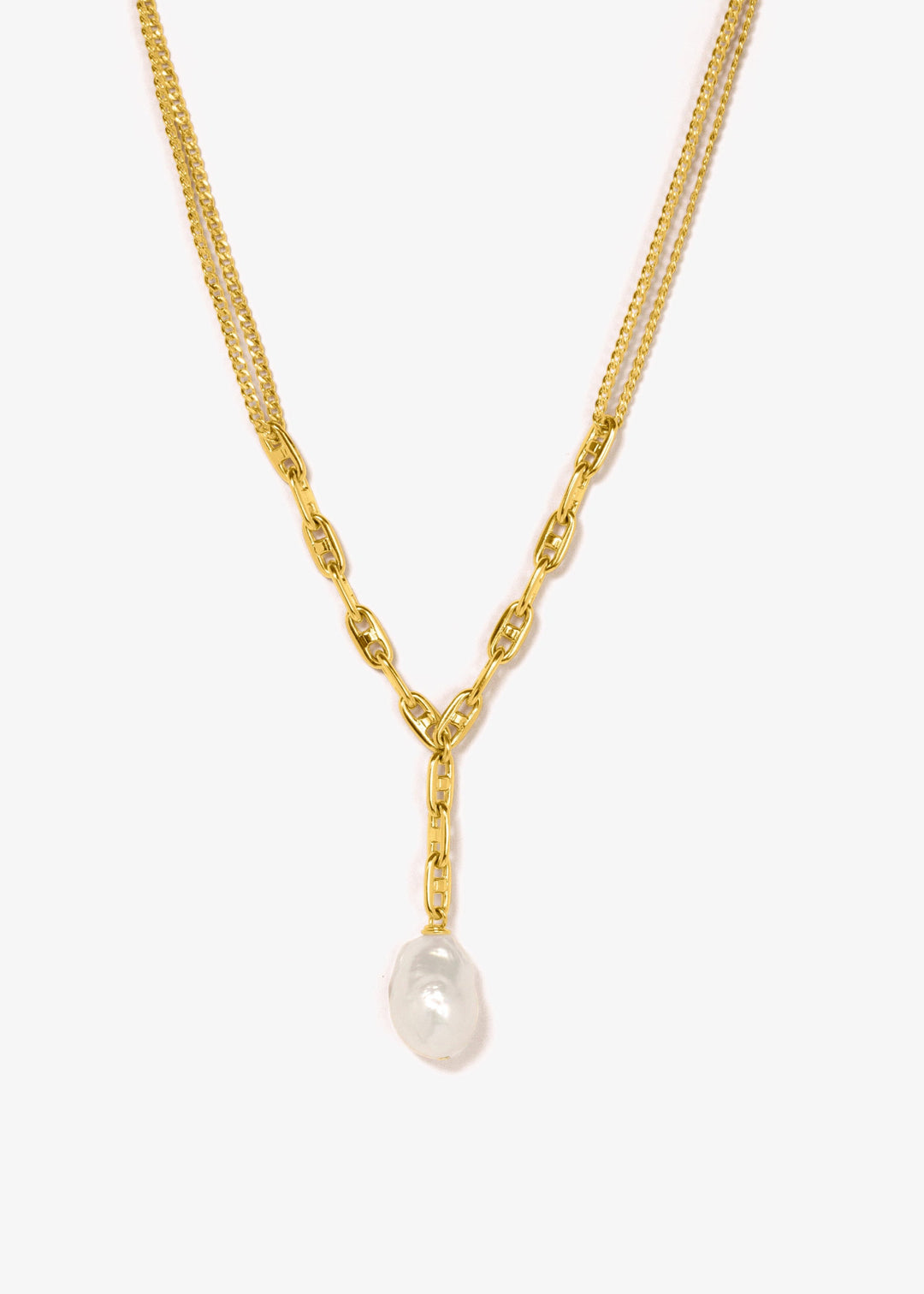 Gold-filled necklace with double layered curb chain and  a baroque pearl on link chain