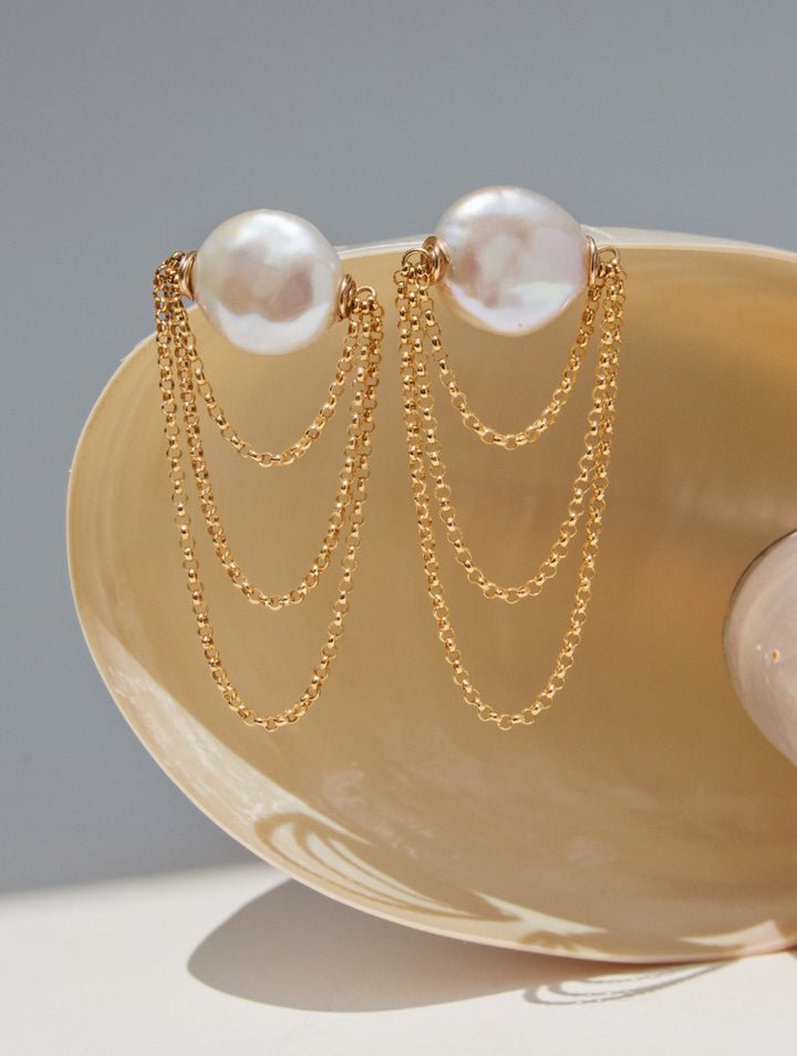 Three layered gold-filled chain earrings with white pearls