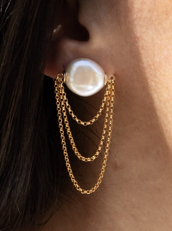 Three layered gold-filled chain earrings with white pearl