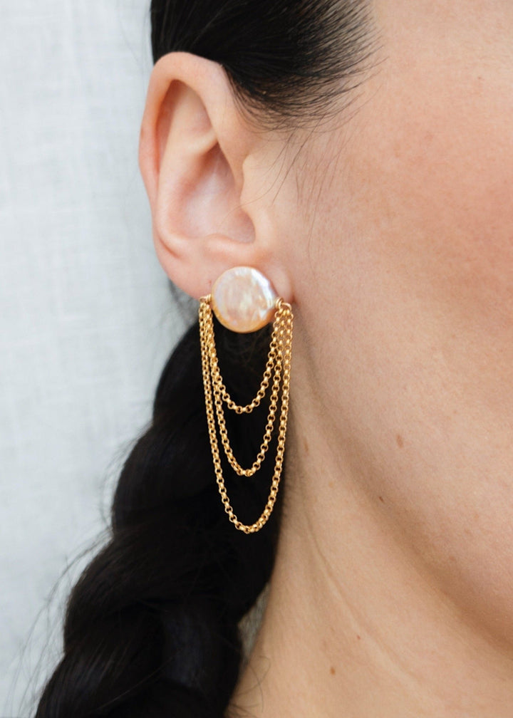 Three layered gold-filled chain earrings with pink pearl