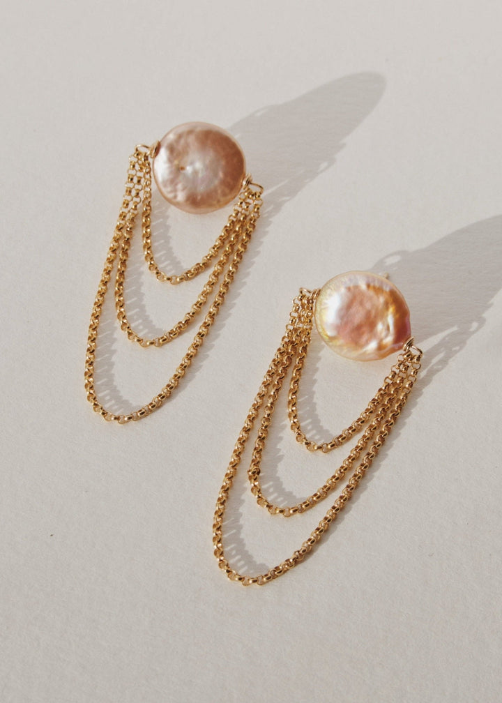 Three layered gold-filled chain earrings with pink pearls