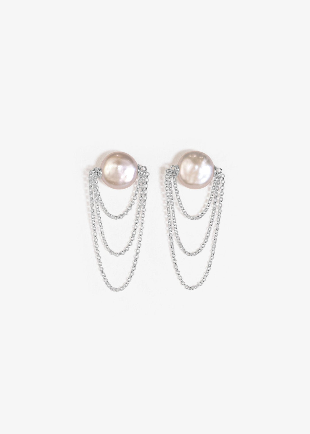 Three layered sterling silver chain earrings with white pearl