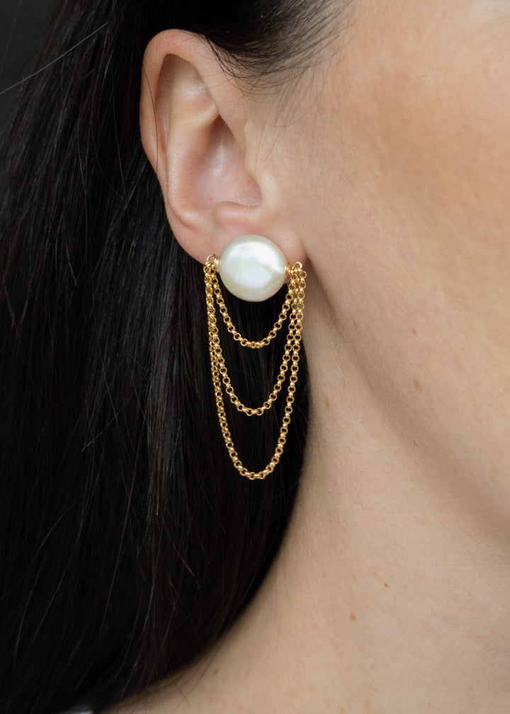 Three layered gold-filled chain earrings with white pearl