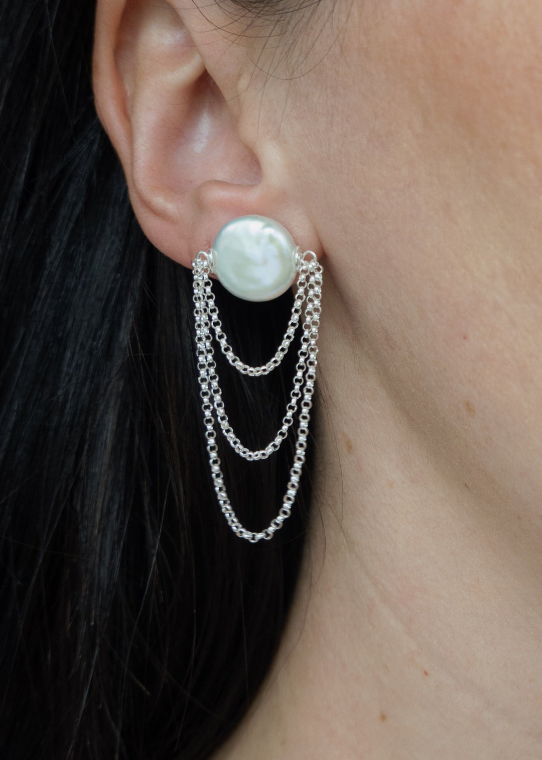 Three layered sterling silver chain earring with white pearl