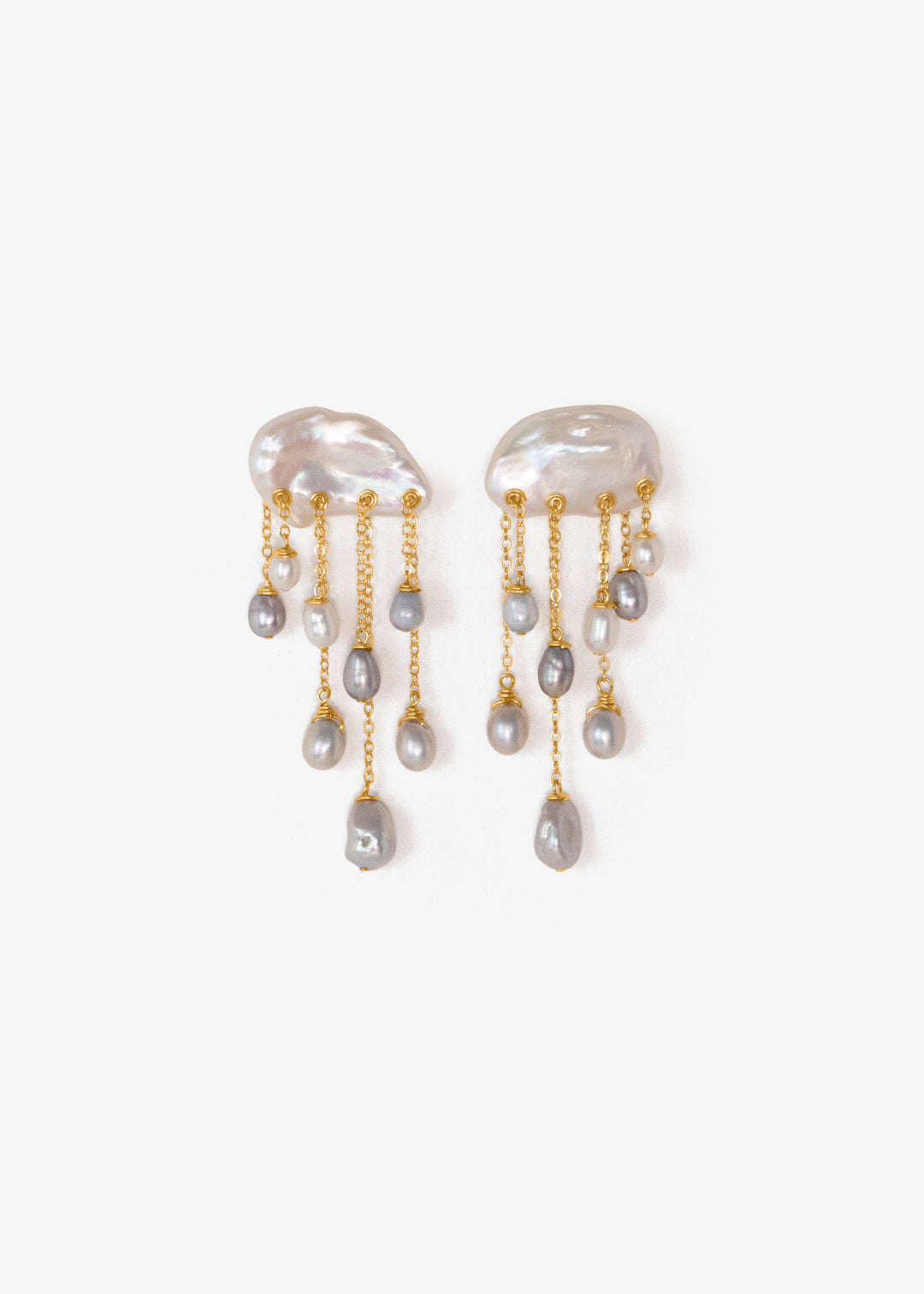 Dewdrop earrings, sculptural white keshi pearls with gold chains and silvery teardrop pearl drops