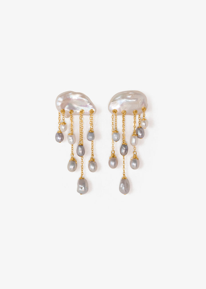 Dewdrop earrings, sculptural white keshi pearls with gold chains and silvery teardrop pearl drops