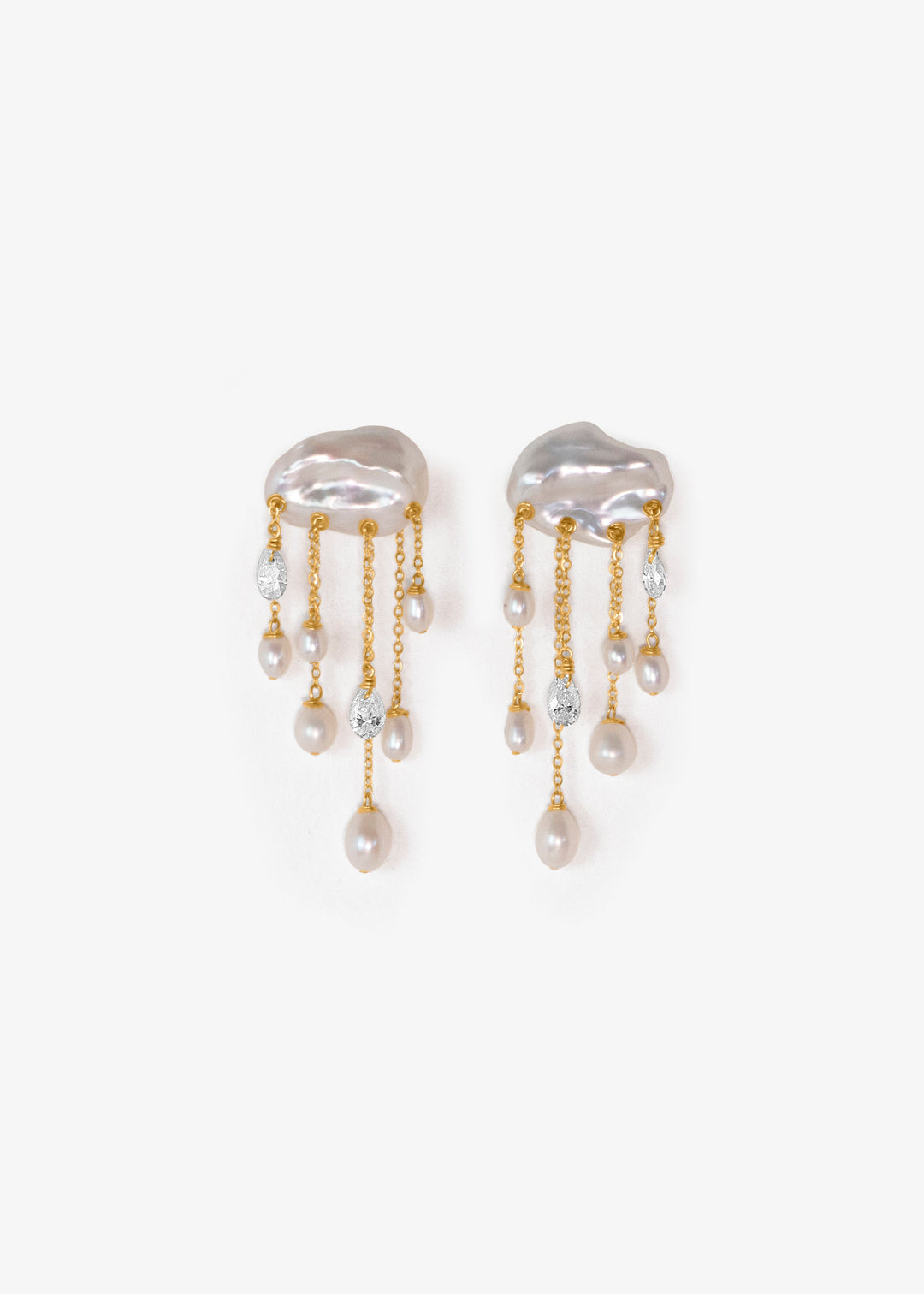Skylight earrings, keshi pearl clouds with gold chains, teardrop pearls, and diamond accents