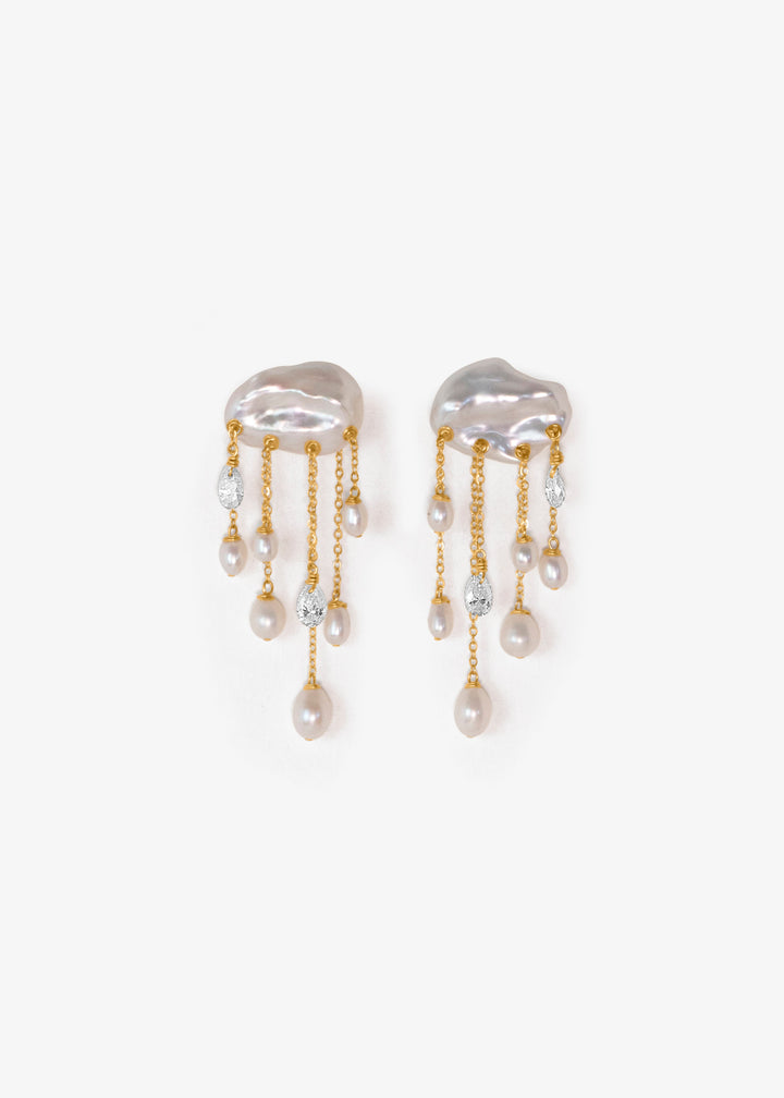 Skylight earrings, keshi pearl clouds with gold chains, teardrop pearls, and diamond accents