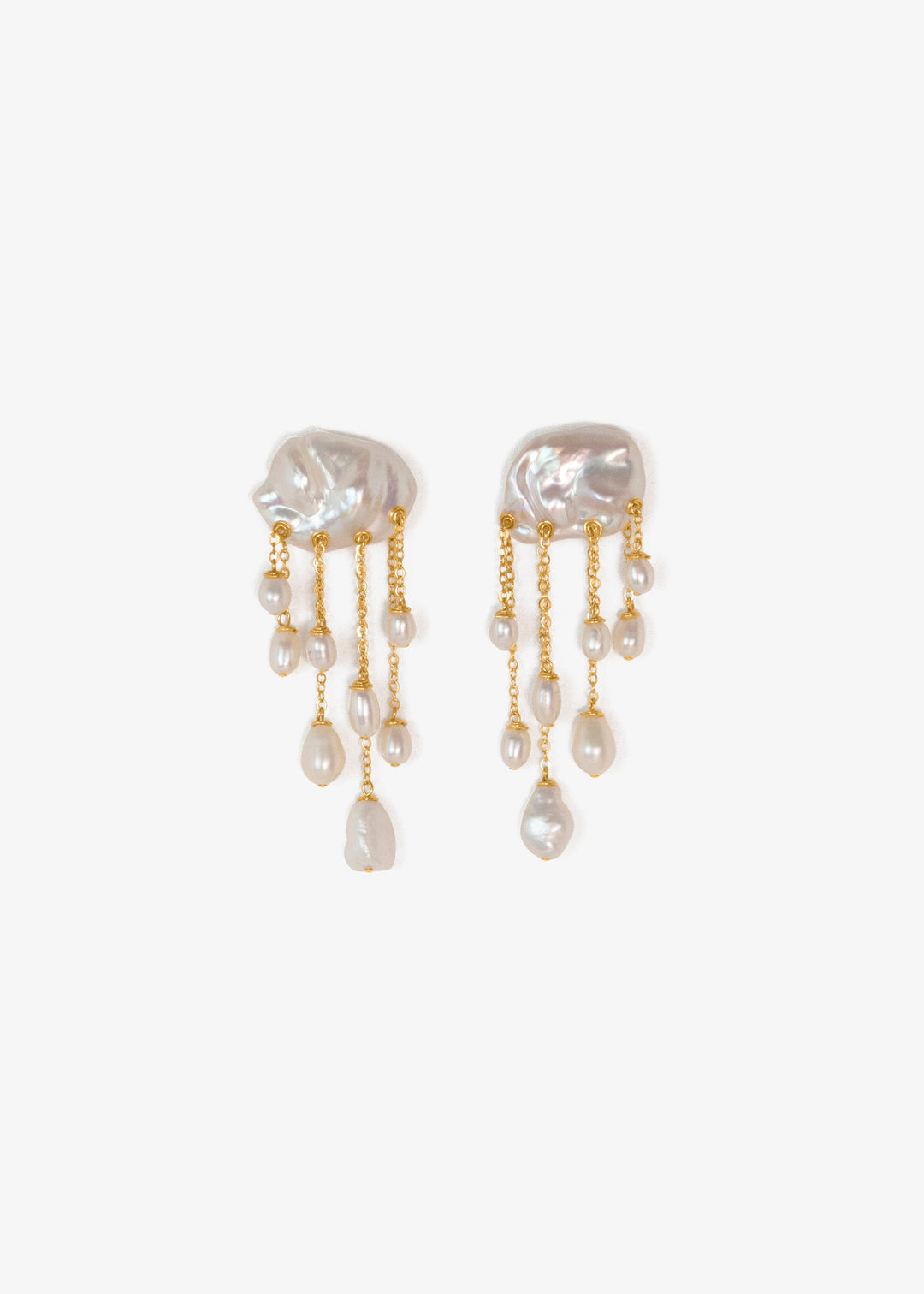 Snowfall earrings, white keshi pearl clouds with gold chains and white teardrop pearl raindrops