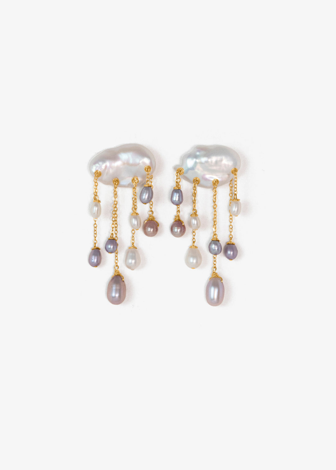 Tempest earrings, white keshi pearls with gold chains and purple and white teardrop pearl drops