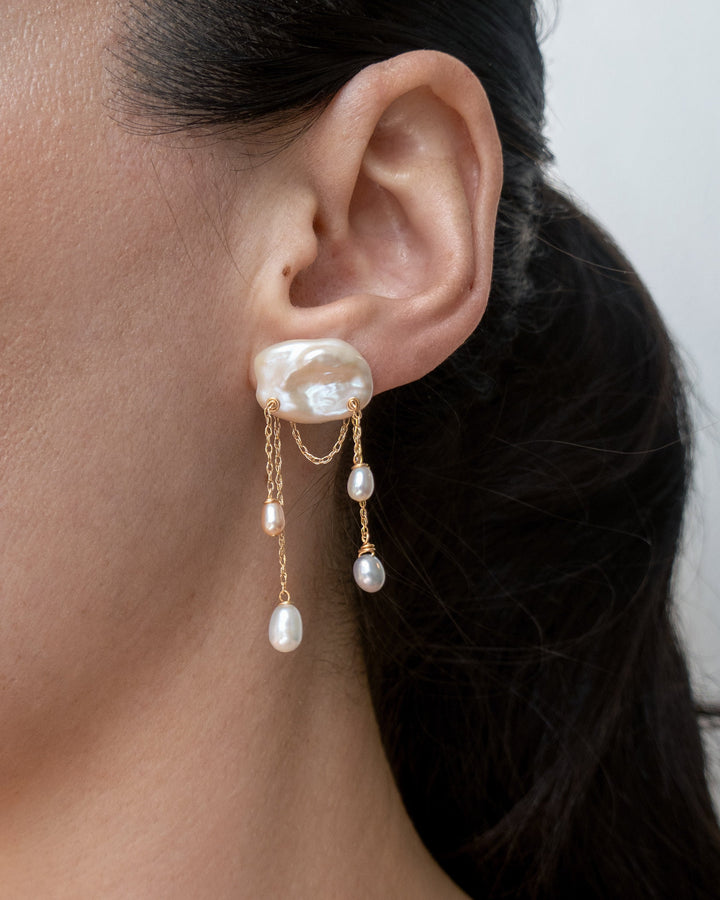 Dove earrings worn on a model&