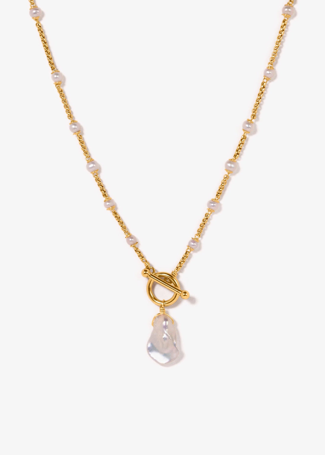 Gold-filled necklace with seed pearls and a keshi pearl pendant