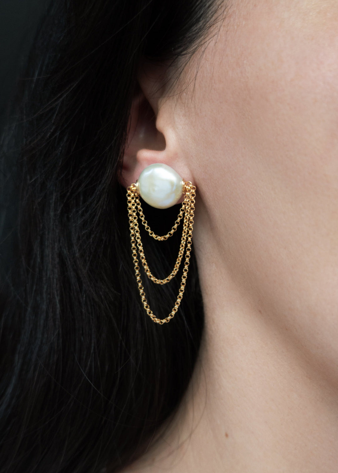 Three layered gold-filled chain earrings with white pearl