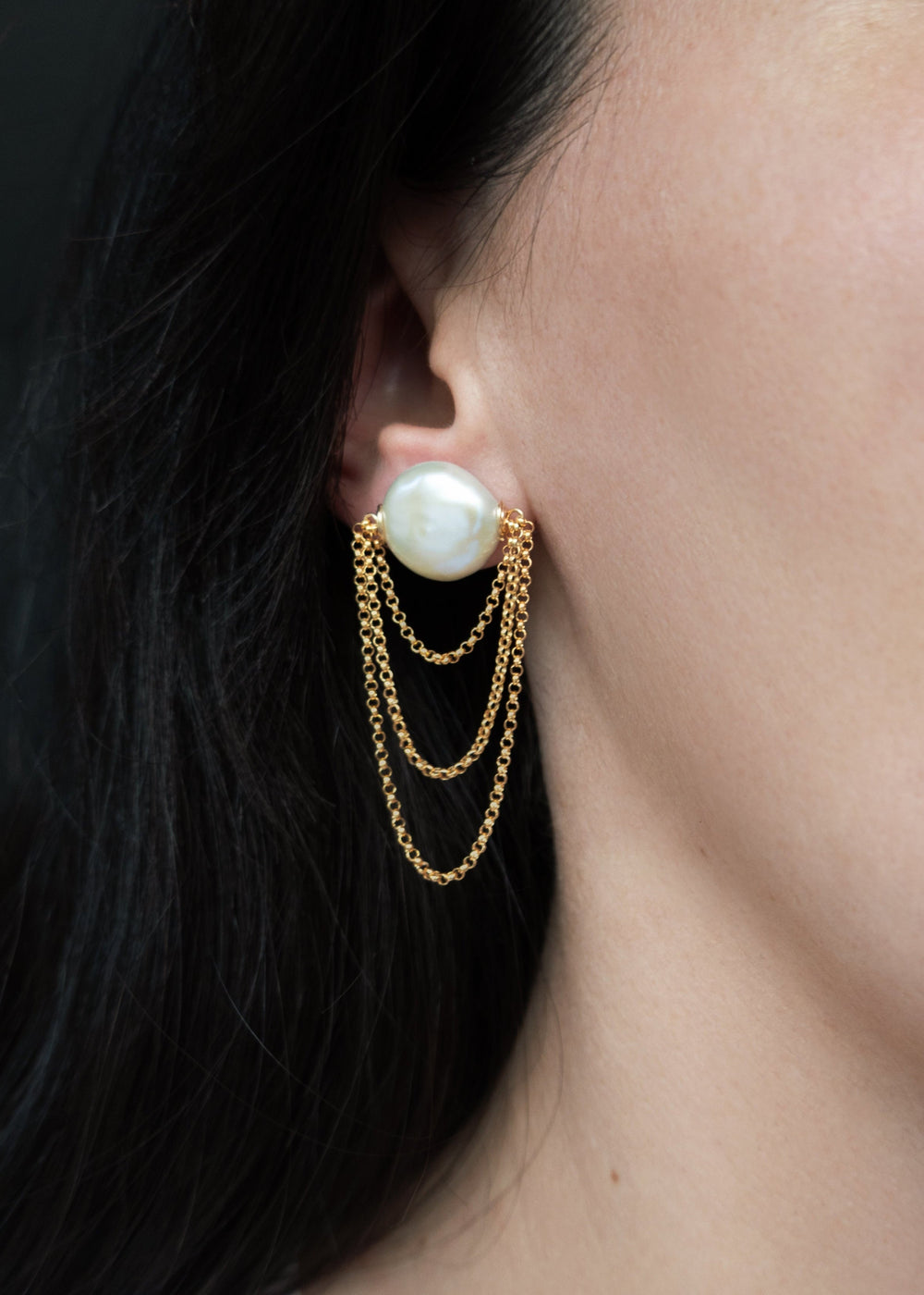 Three layered solid gold chain earrings with white pearl