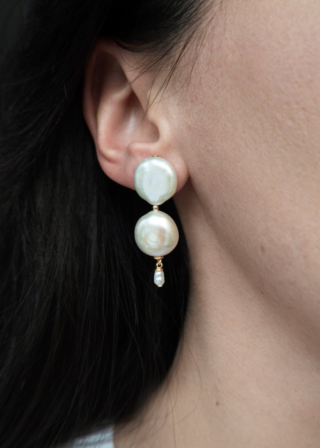 Gold-filled earring with 2 white coin pearls and single dainty pearl