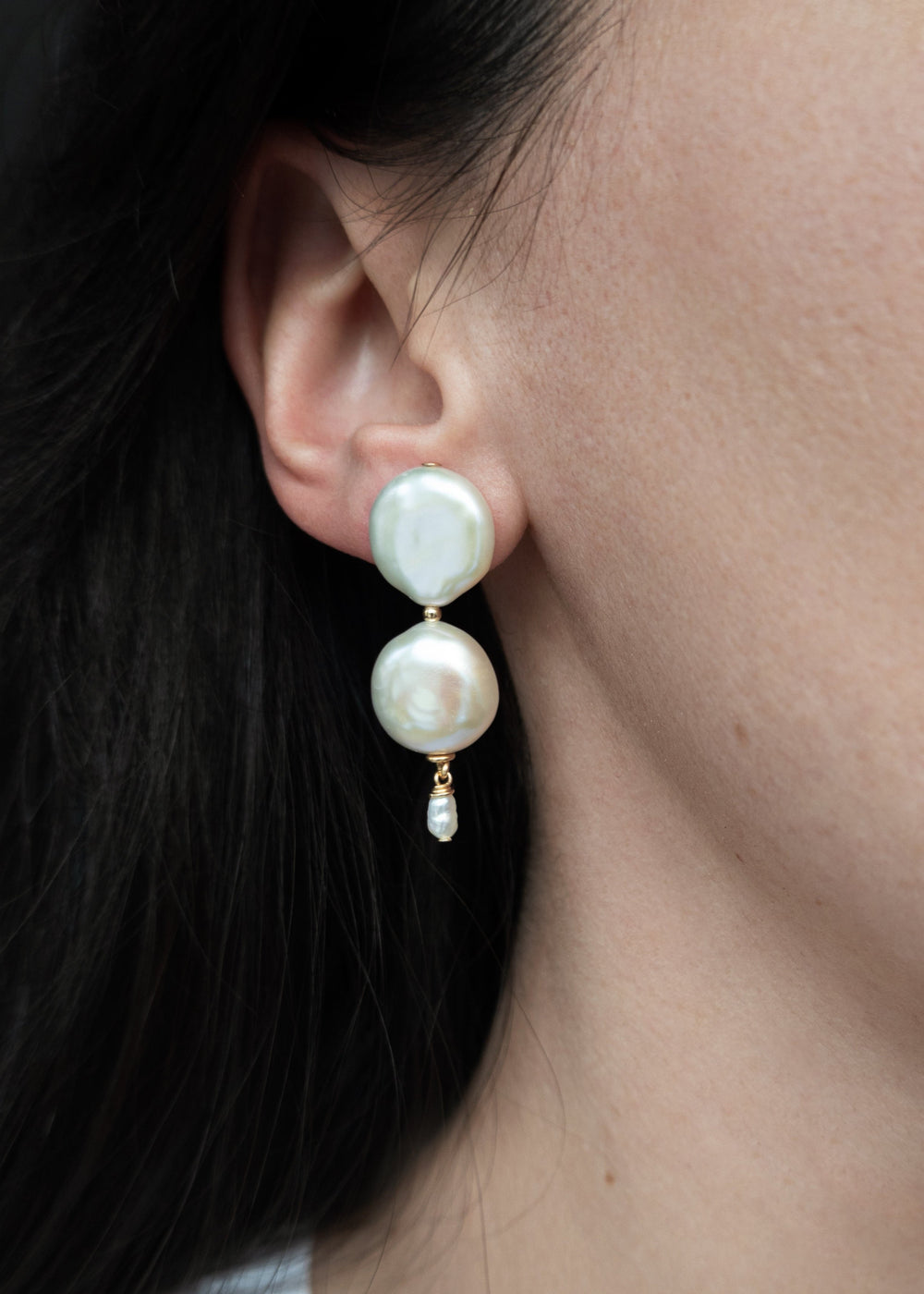 Solid gold earring with 2 white coin pearls and single dainty pearl