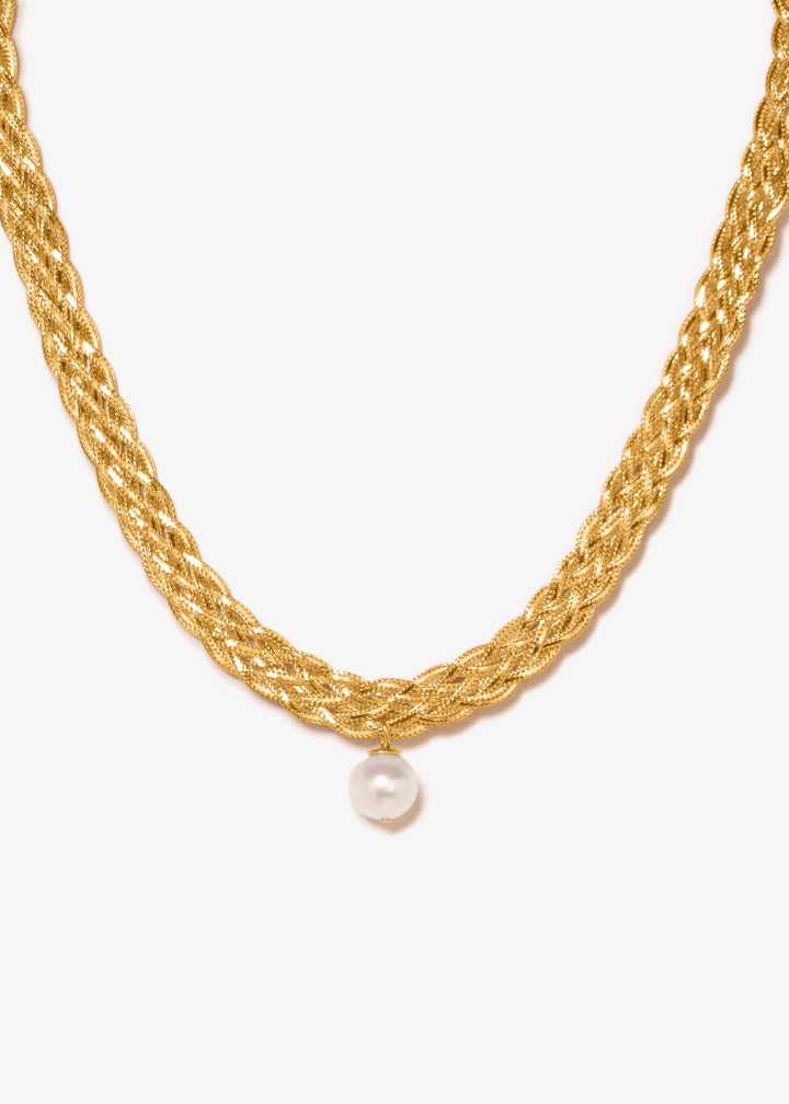 Gold-filled necklace with thick woven chain and a large pearl