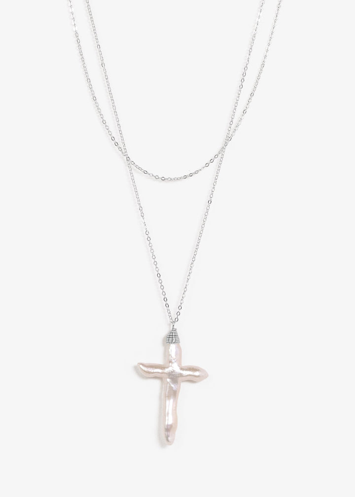 Baroque pearl cross necklace with 2 layers sterling silver chain