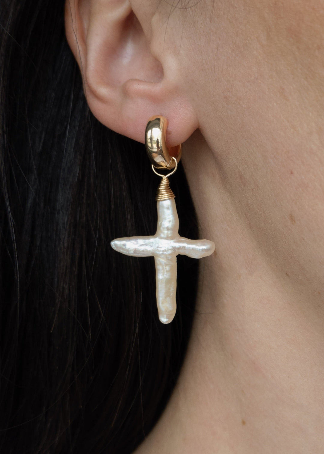 Unique earring with gold-filled small hoop and baroque pearl cross