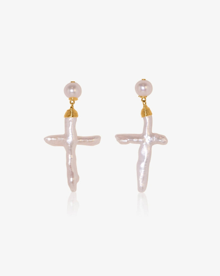 Gracie Earrings - The pearl cross earrings you’ve been dreaming of. Crafted with button pearls and two stunning baroque cross pearls, they’re made for life’s most special moments. 14K Gold-Filled Tarnish-Resistant &amp; Hypoallergenic AAA Grade Genuine Freshw