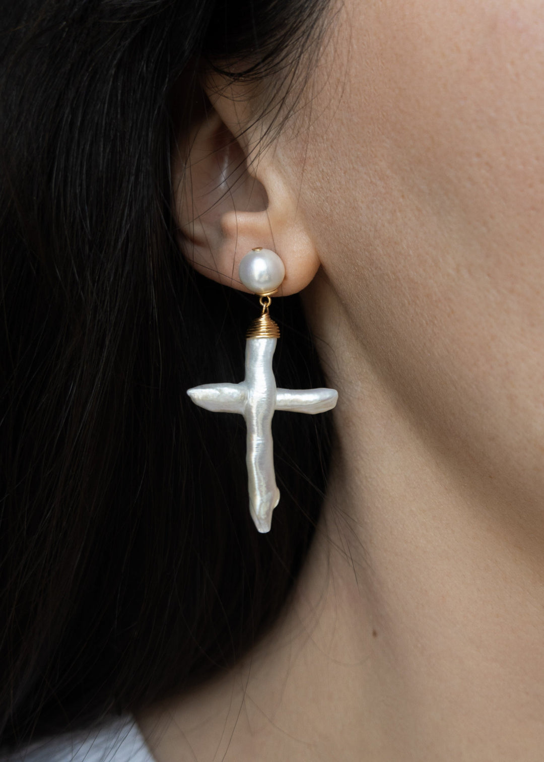 Gracie Earrings - The pearl cross earrings you’ve been dreaming of. Crafted with button pearls and two stunning baroque cross pearls, they’re made for life’s most special moments. 14K Gold-Filled Tarnish-Resistant &amp; Hypoallergenic AAA Grade Genuine Freshw