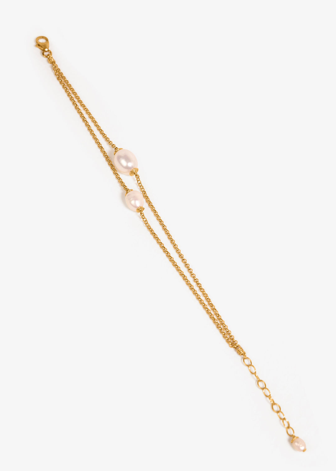 Asymmetrical bracelet with gold-filled rolo chain and two tear drop pearls