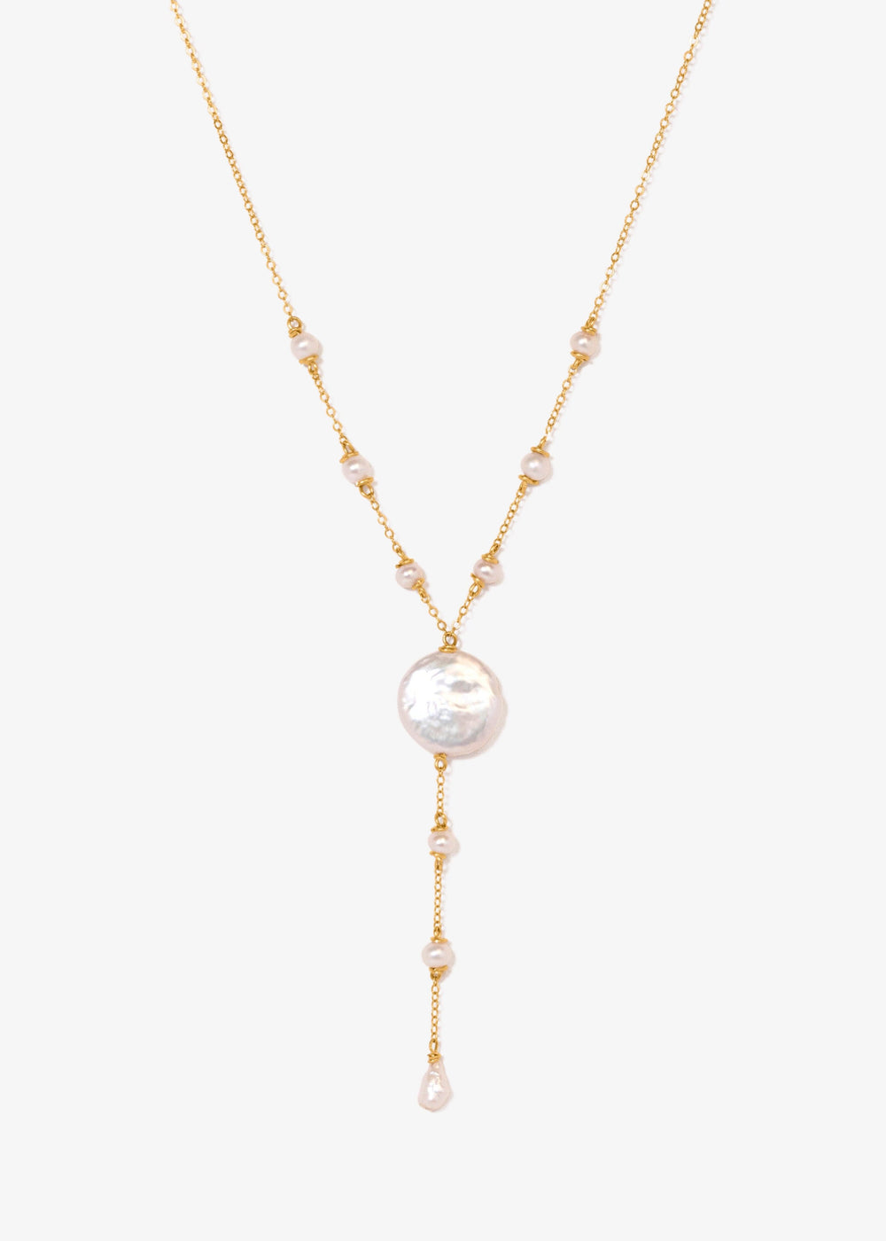Gold-filled necklace with pearl seeds and  a large coin pearl